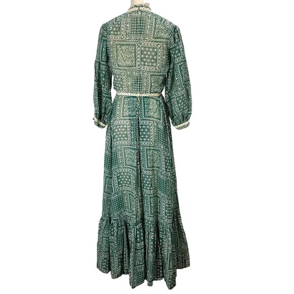 Vintage 70s Susan Small Boho Green Floral Patchwork Print Maxi Prairie Dress - Picture 10 of 15